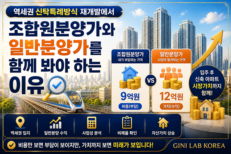 역세권 신탁특례방식 재개발에서 조합원분양가와 일반분양가를 함께 봐야 하는 이유에 대한 가격 비교 도표가 담겨 있는 그림